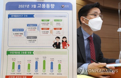 정동명 통계청 사회통계국장이 14일 오전 세종시 정부세종청사에서 '2021년 3월 고용동향'을 발표하고 있다./출처=연합뉴스
